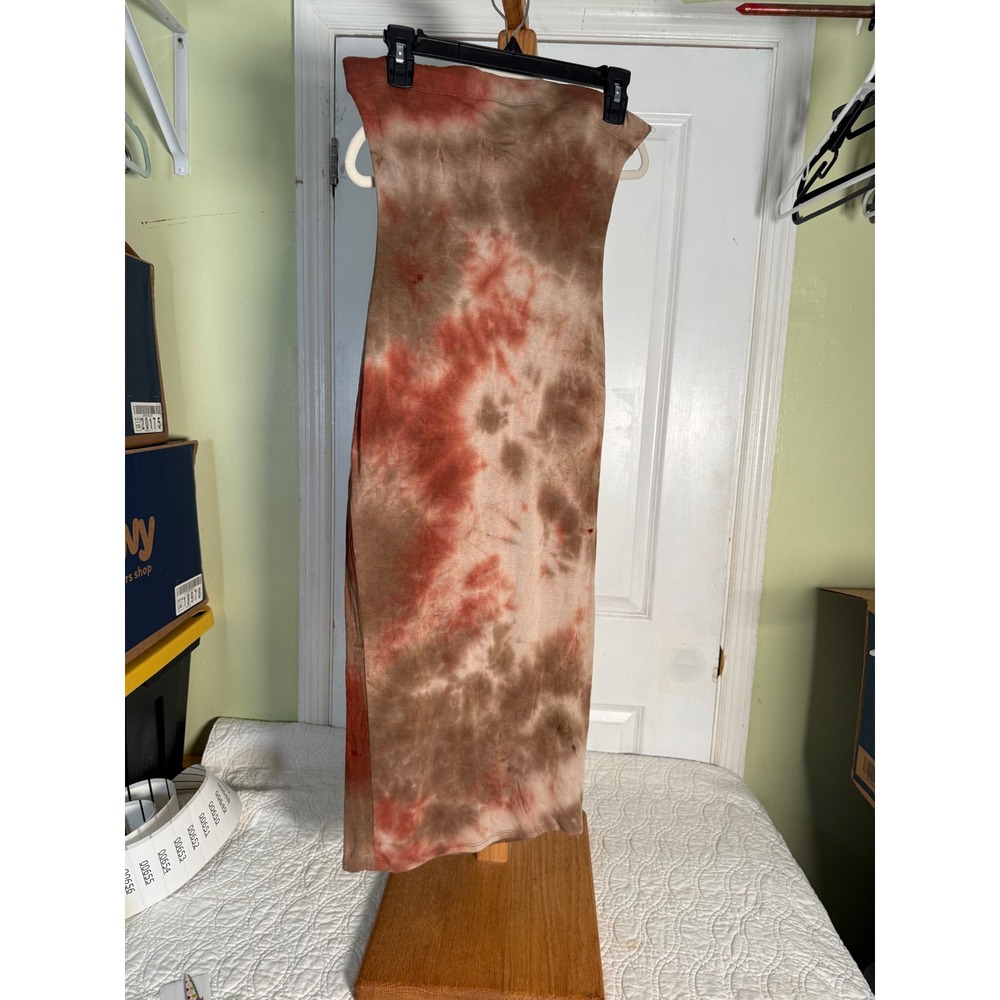 Black Bead Tie Dye Strapless Tube Midi Dress Brown Terracotta Large BD9868H